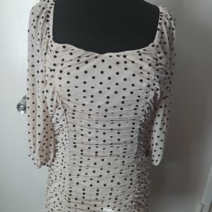 Beige Polka Dot Ruched Dress